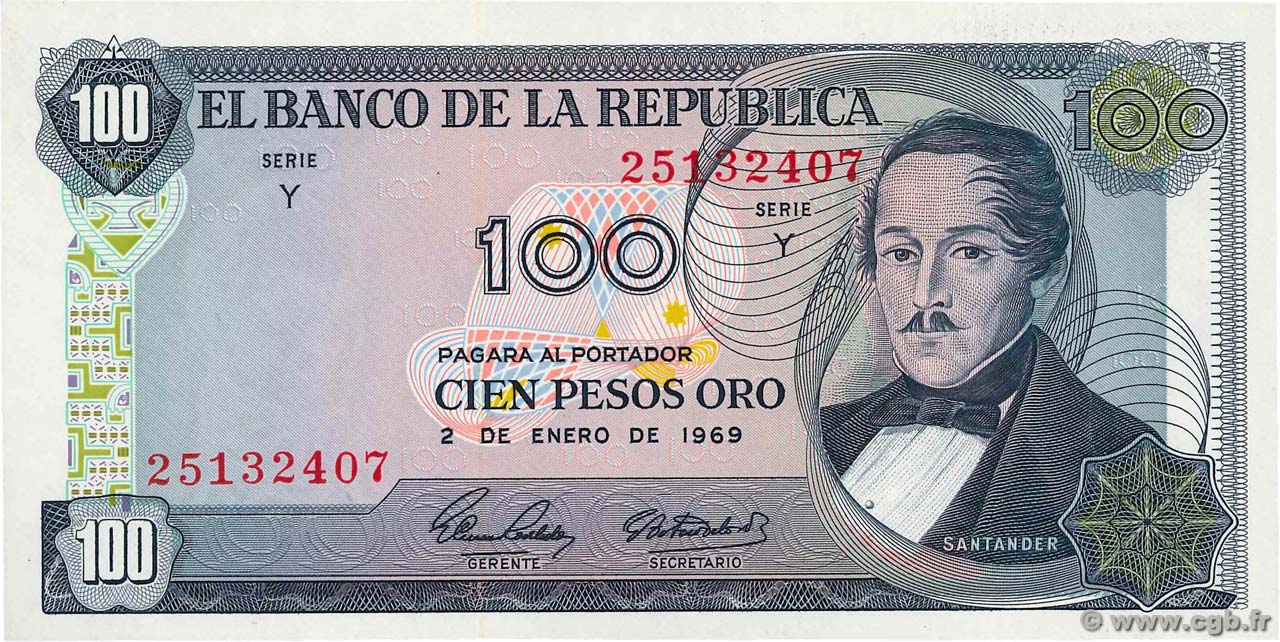 100 Pesos Oro COLOMBIE  1969 P.410b NEUF