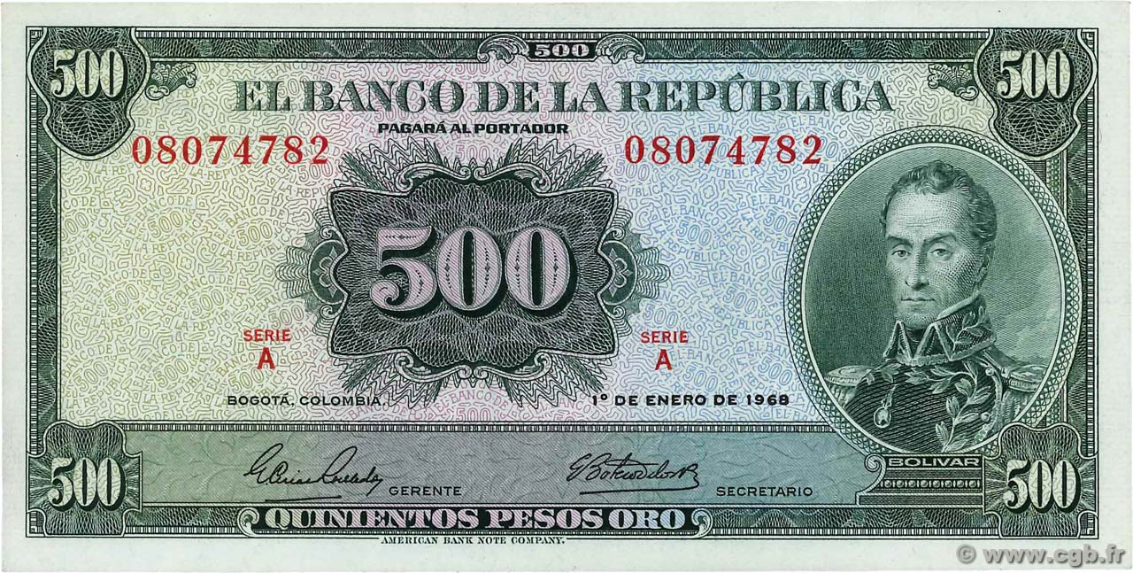 500 Pesos Oro COLOMBIA  1968 P.411a EBC