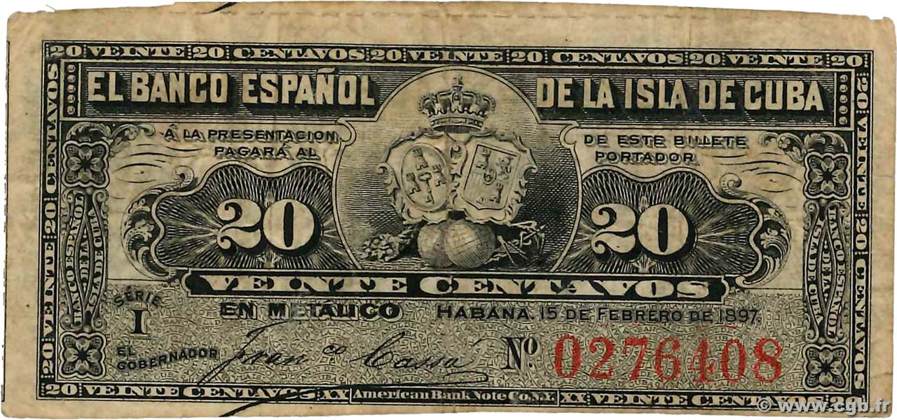20 Centavos CUBA  1897 P.053a TTB