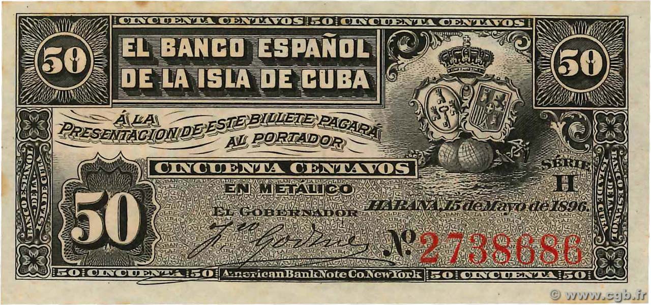 50 Centavos CUBA  1896 P.046a pr.NEUF