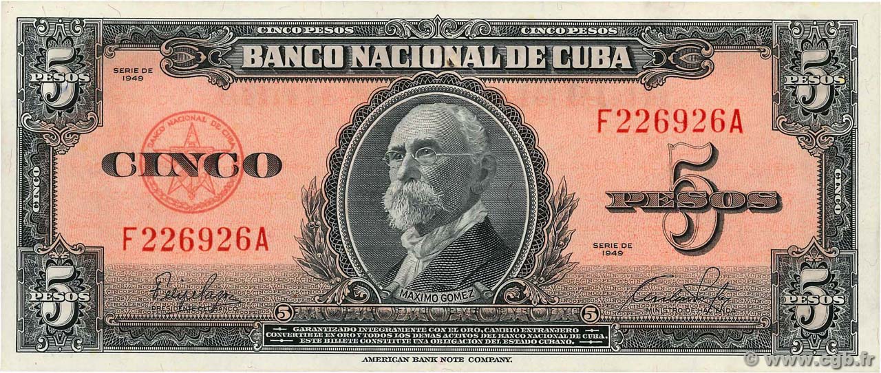 5 Pesos CUBA  1949 P.078a SPL