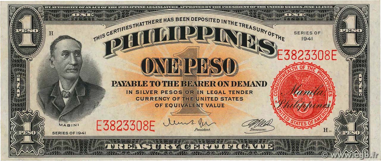 1 Peso PHILIPPINES  1941 P.089a SPL