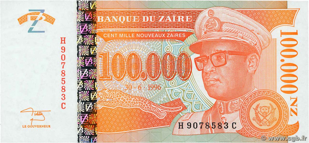 100000 Nouveaux Zaïres ZAÏRE  1996 P.76a NEUF