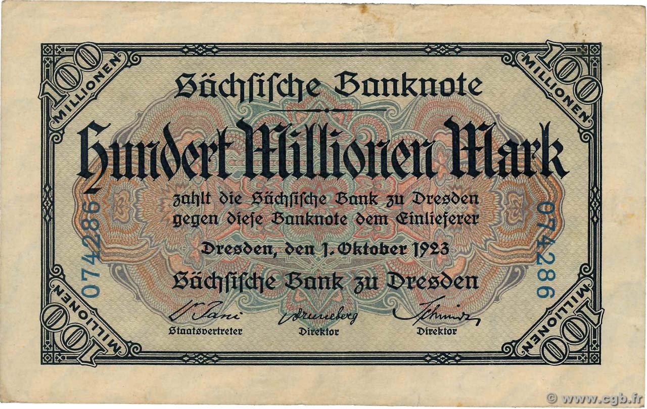 100 Millions Mark 945 C Bst de Dresde Banque Filiale BST Chemnitz 