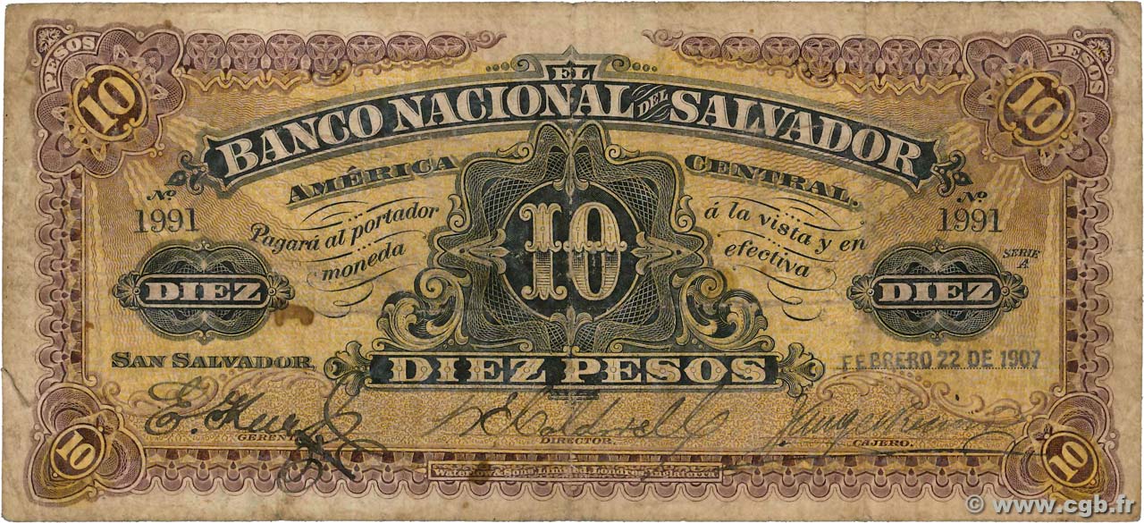 10 Pesos SALVADOR  1907 PS.163a TB