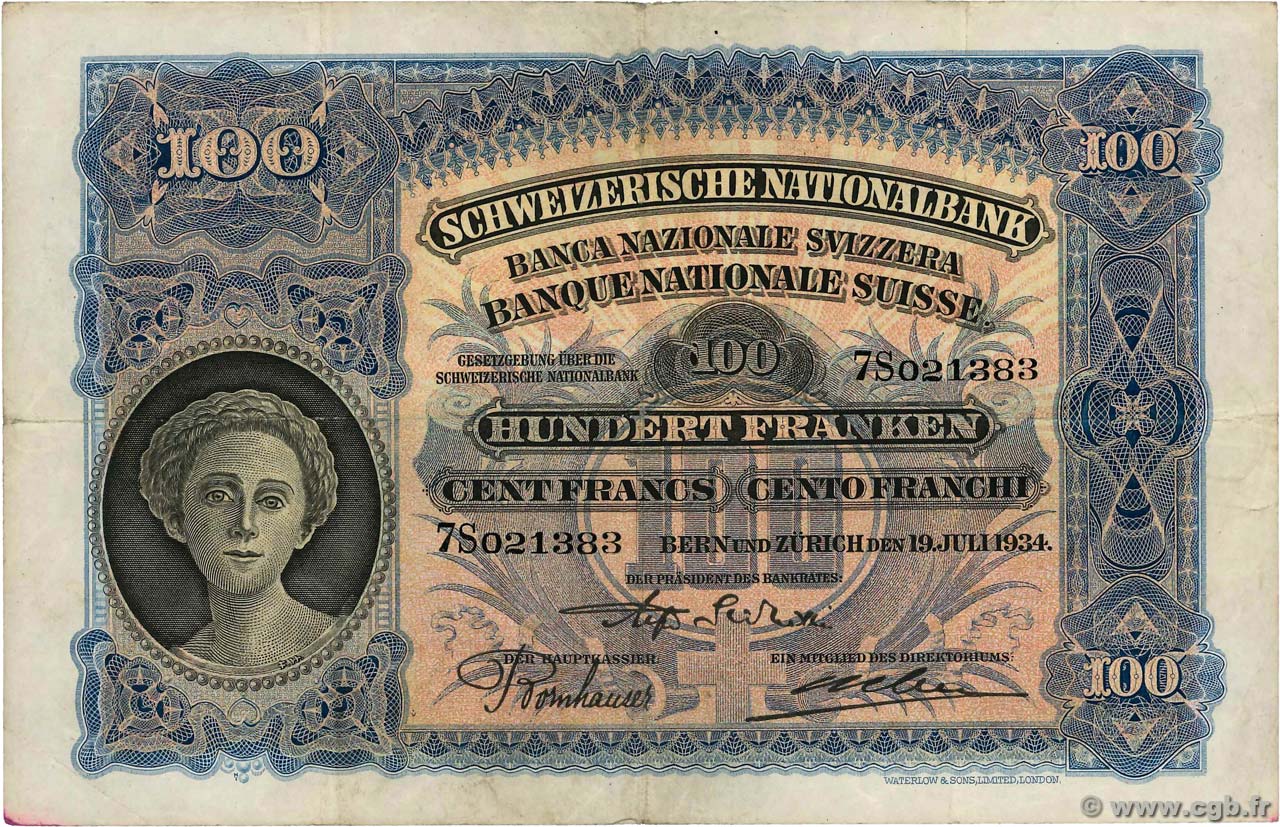 100 Francs SUISSE  1934 P.35h MBC