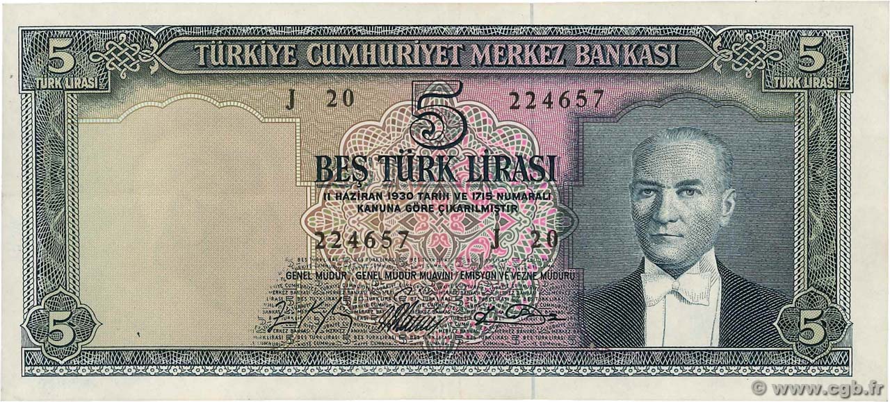 5 Lira TÜRKEI  1965 P.174 fVZ