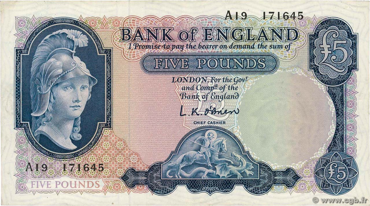 5 Pounds ENGLAND  1957 P.371a VF+