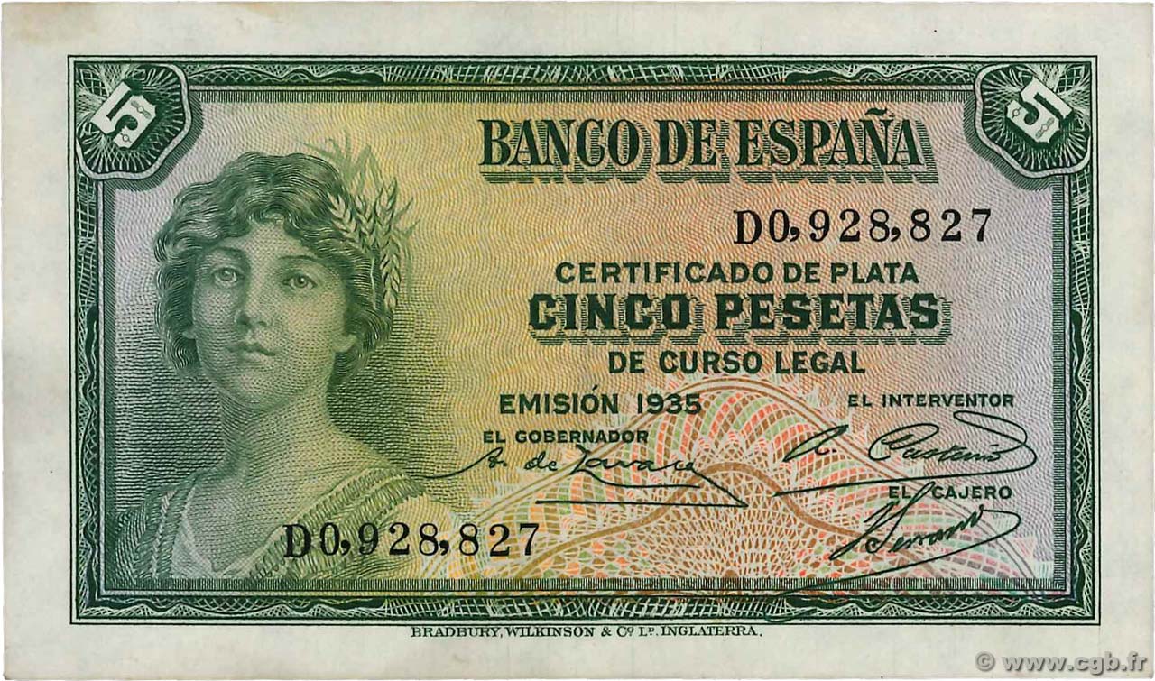 5 Pesetas SPAIN  1935 P.085a XF