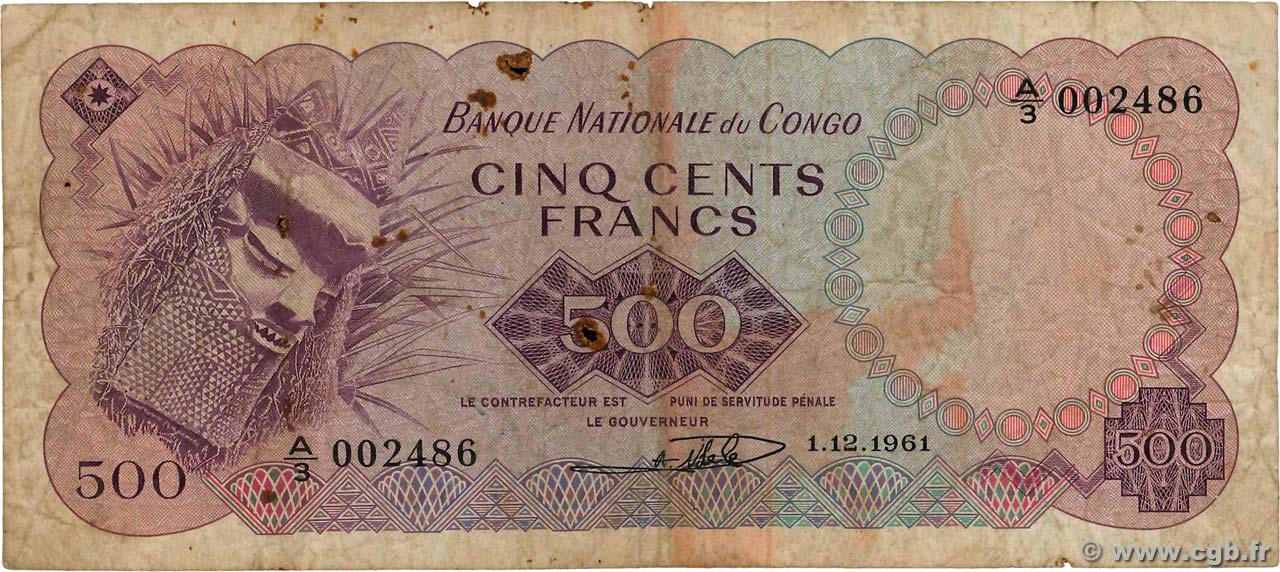 500 Francs CONGO, DEMOCRATIC REPUBLIC  1961 P.007a VG