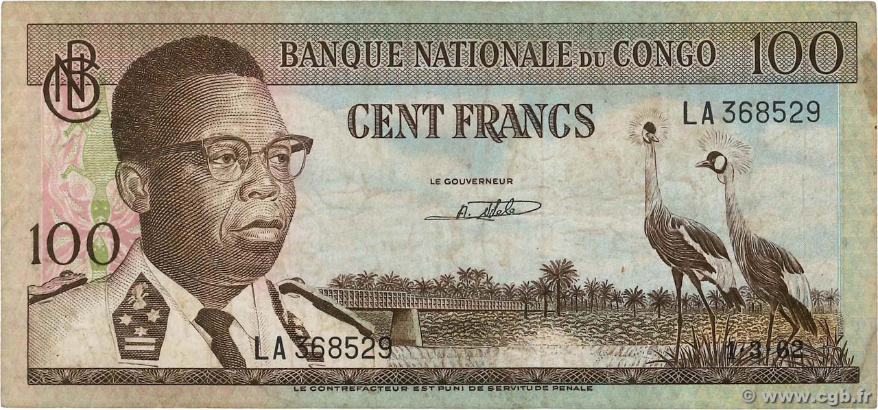 100 Francs RÉPUBLIQUE DÉMOCRATIQUE DU CONGO  1962 P.006a TB