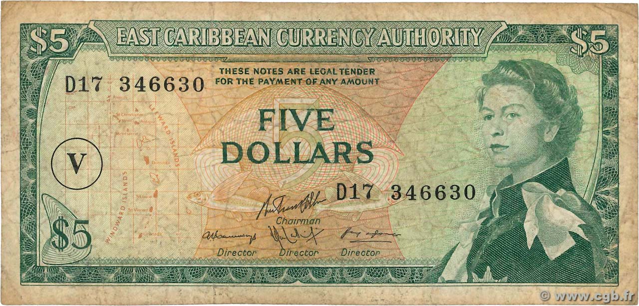 5 Dollars CARAÏBES  1965 P.14p TB