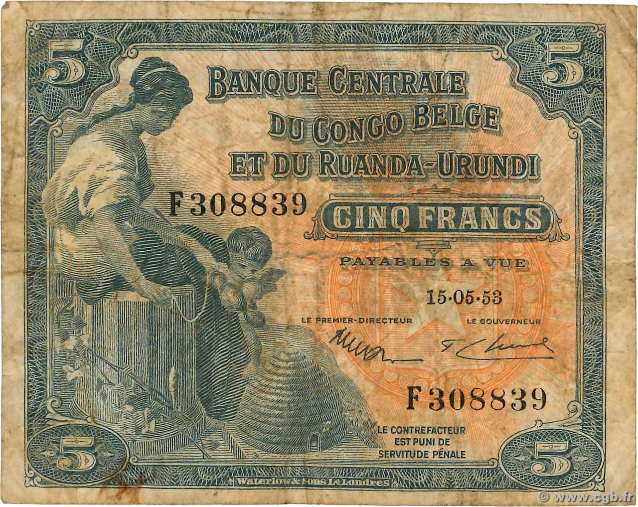 5 Francs CONGO BELGE  1953 P.21 B