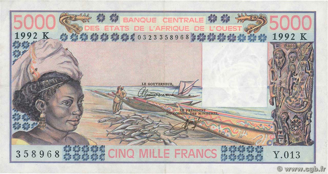 5000 Francs WEST AFRICAN STATES  1992 P.708Kq VF