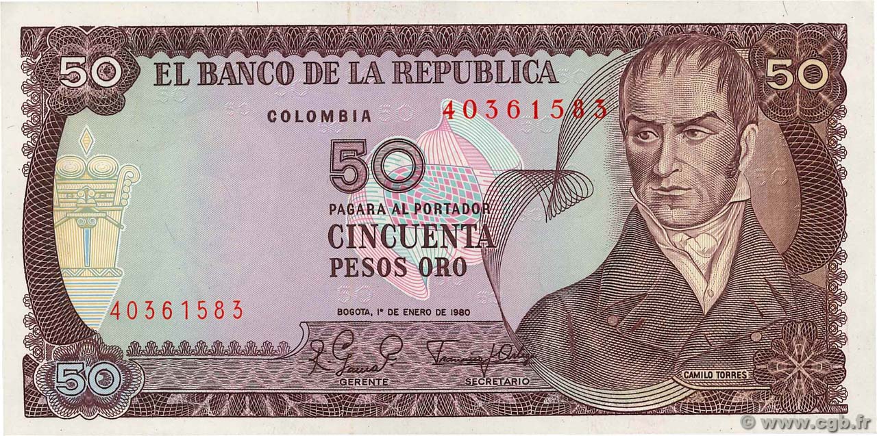 50 Pesos Oro COLOMBIA  1980 P.422a SC+