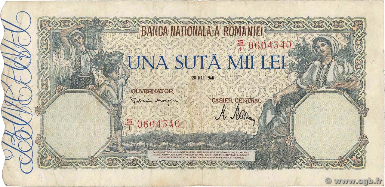 100000 Lei ROMANIA  1946 P.058a MB