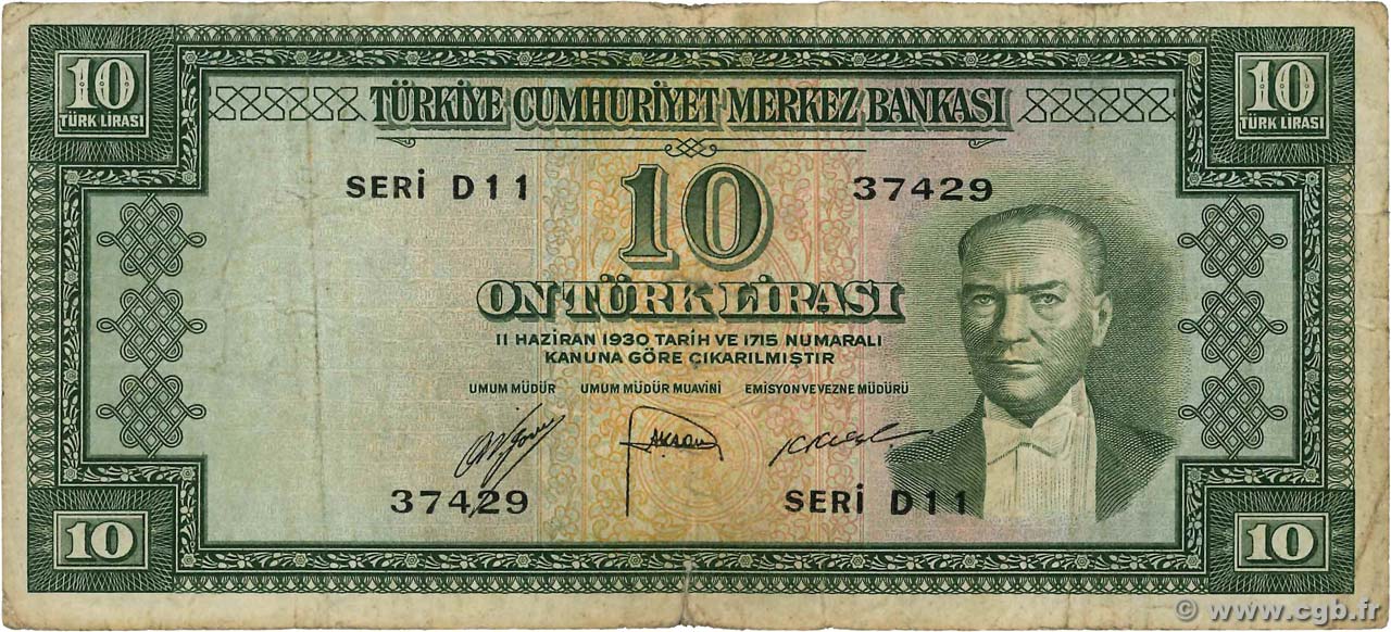 10 Lira TURKEY  1951 P.156a F