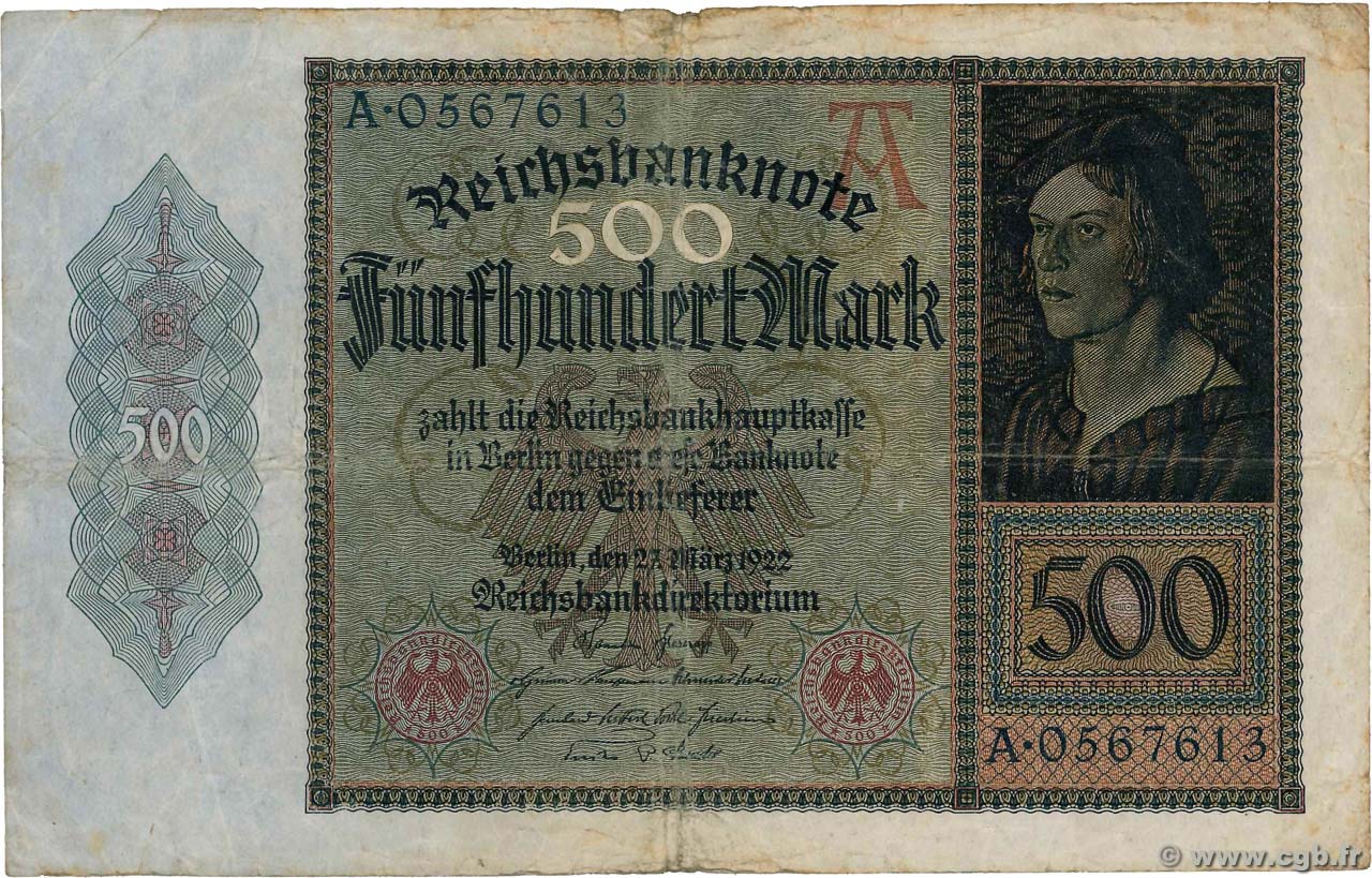 500 Mark GERMANY  1922 P.073 F+