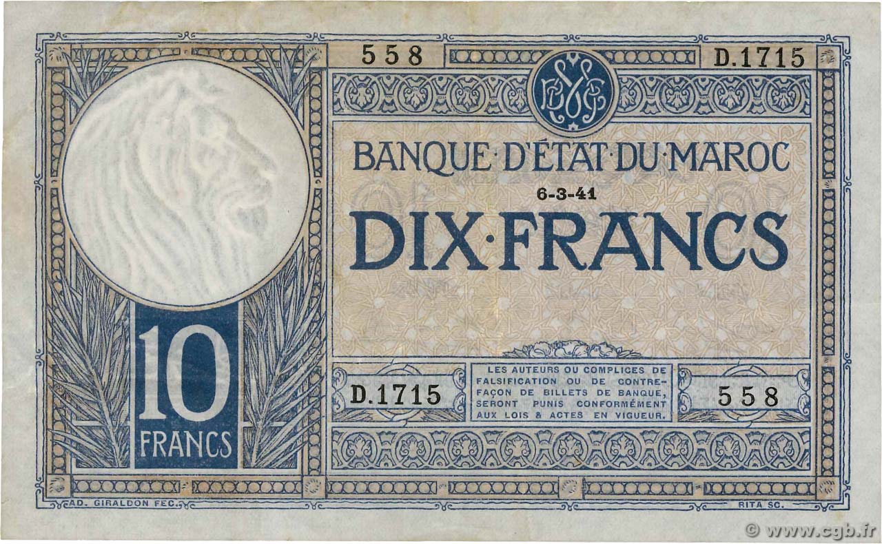 10 Francs MAROC  1941 P.17b TTB