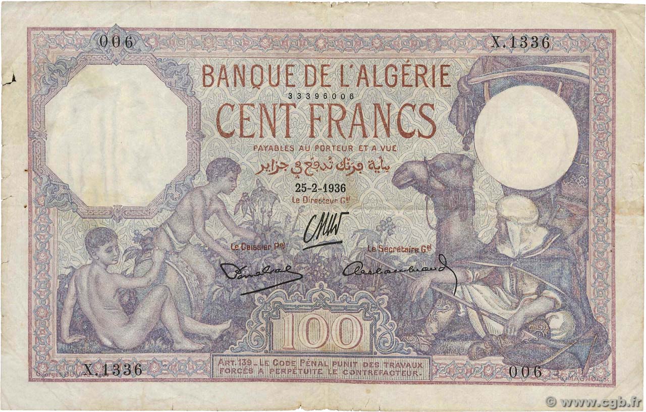100 Francs ALGERIA  1936 P.081b MB