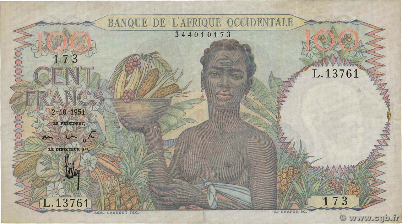 100 Francs FRENCH WEST AFRICA  1951 P.40 BC+
