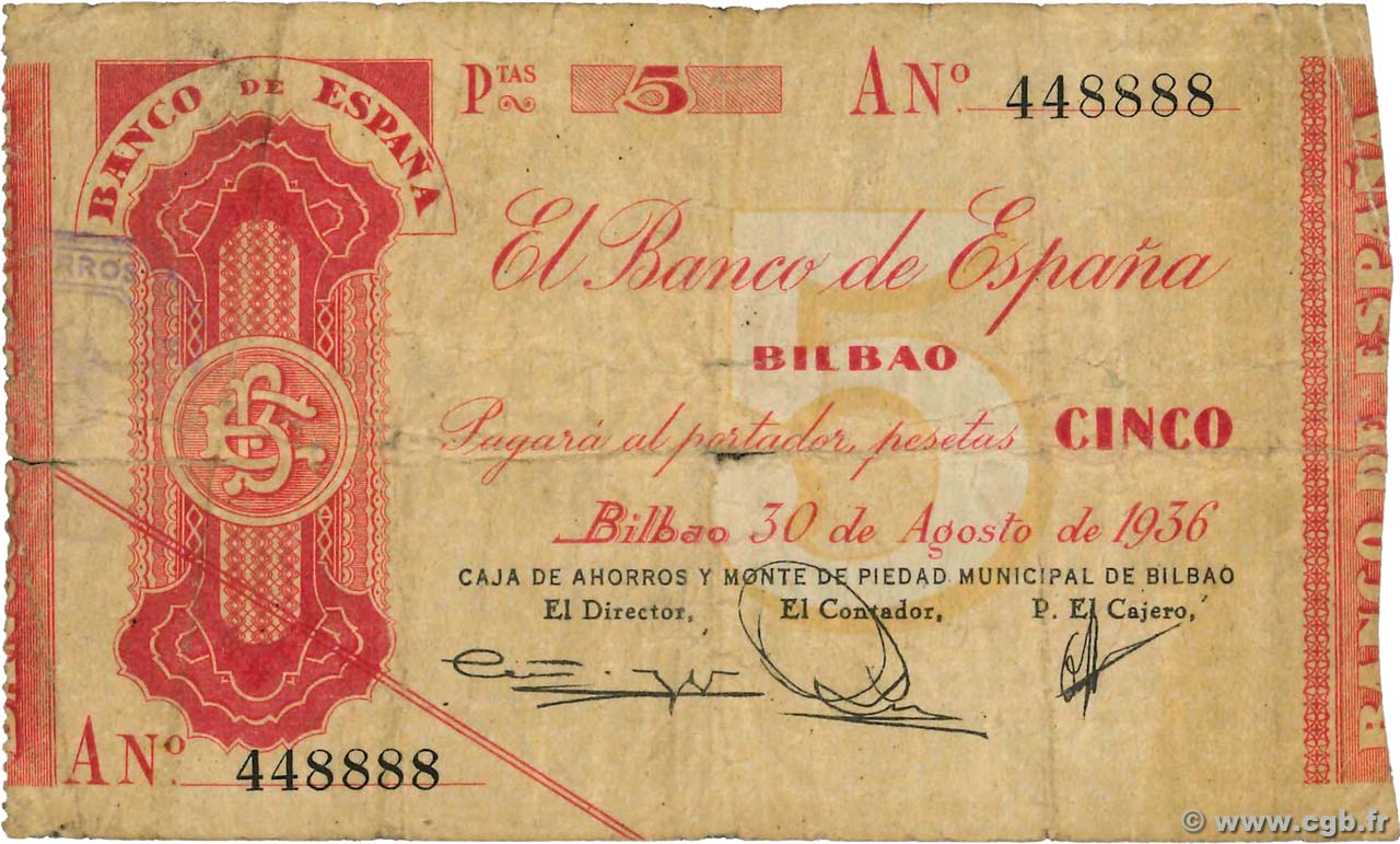 5 Pesetas SPANIEN Bilbao 1936 PS.551b(i) S