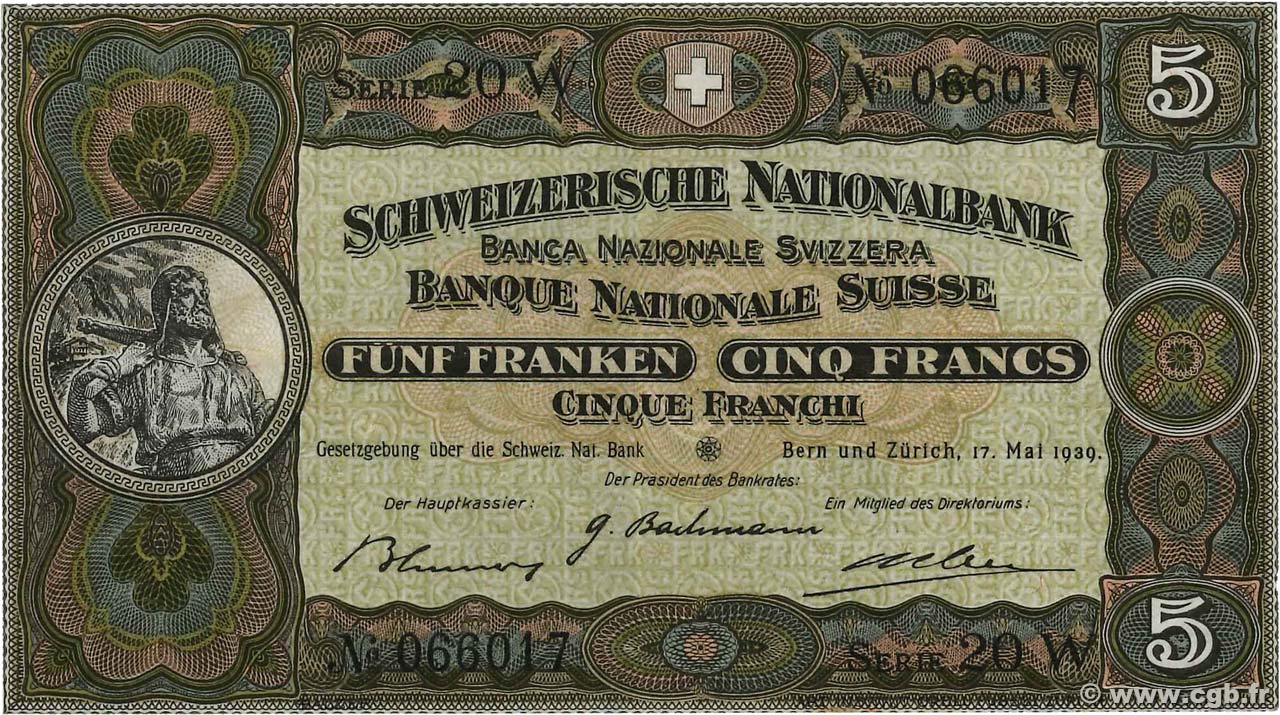 5 Francs SUISSE  1939 P.11i TTB