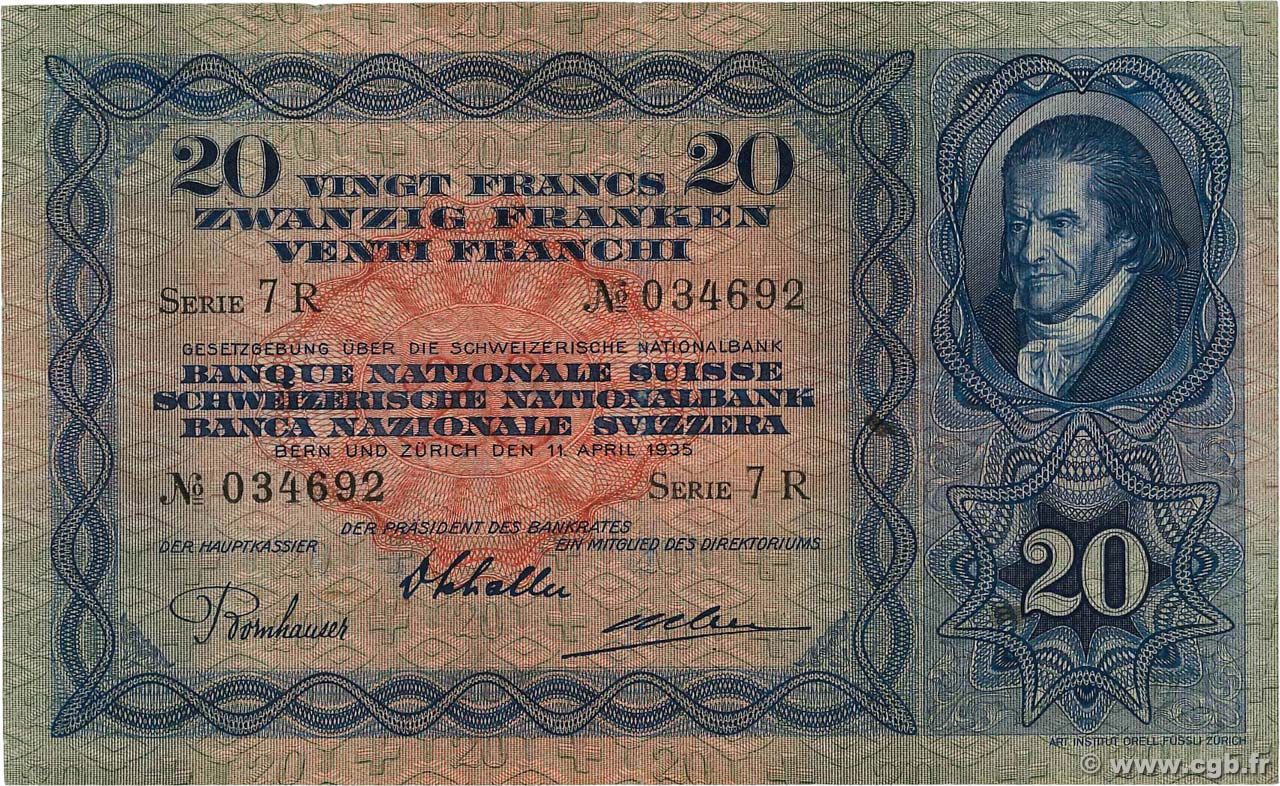 20 Francs SUISSE  1935 P.39e TB