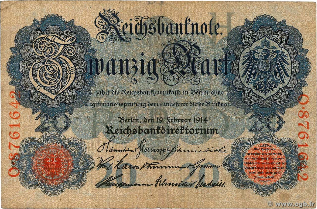 20 Mark GERMANY  1914 P.046b F