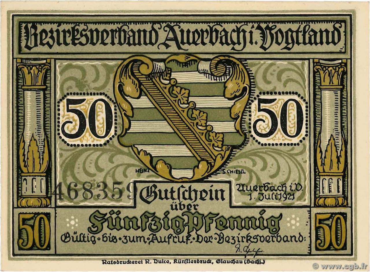 50 Pfennig  GERMANIA Auerbach 1921  FDC