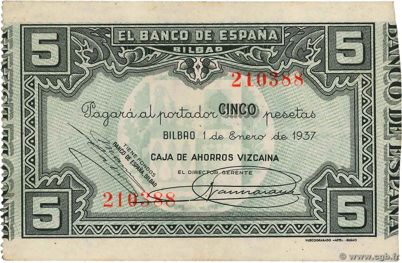 5 Pesetas SPANIEN Bilbao 1937 PS.561g VZ