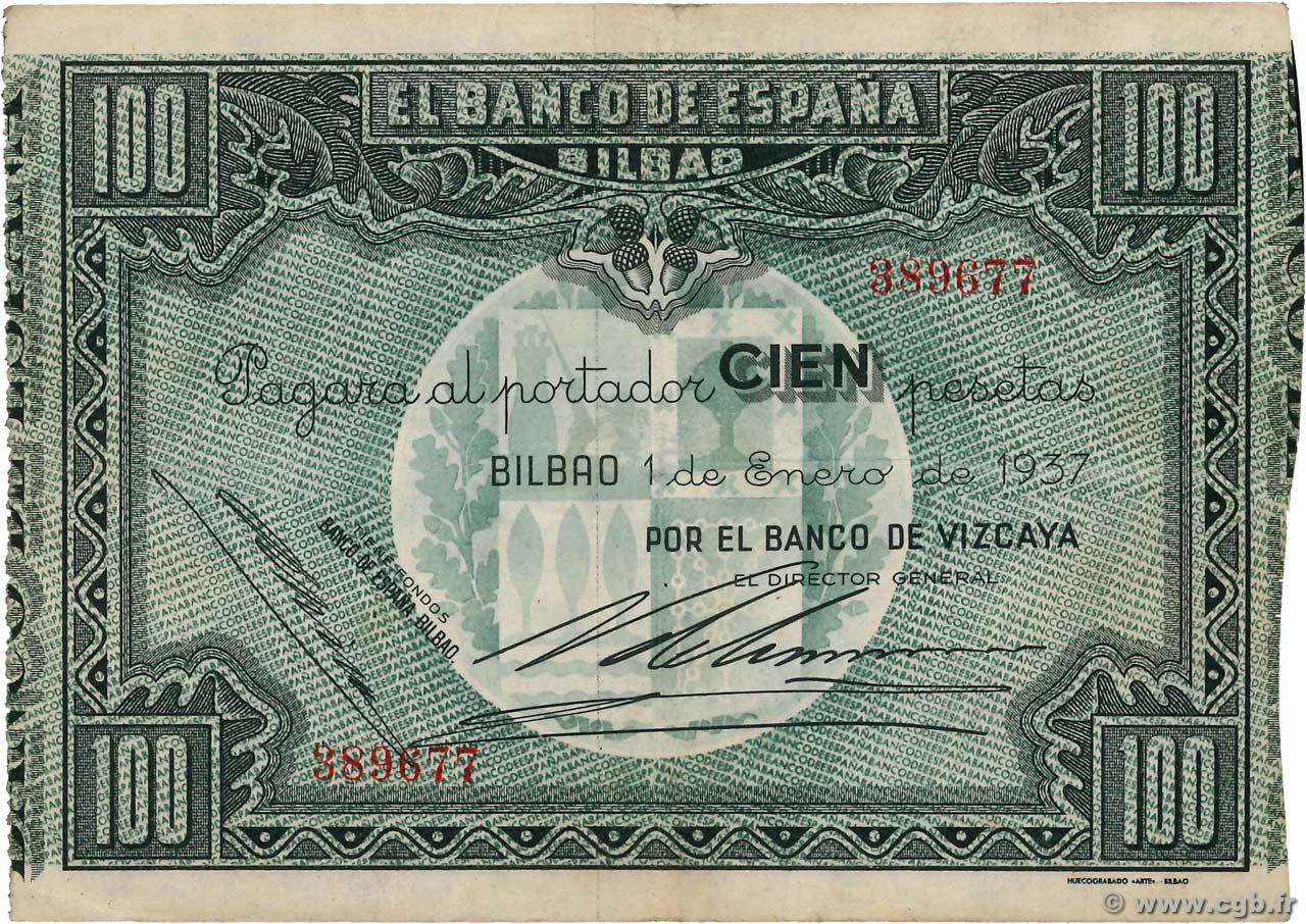100 Pesetas ESPAÑA Bilbao 1937 PS.565f MBC