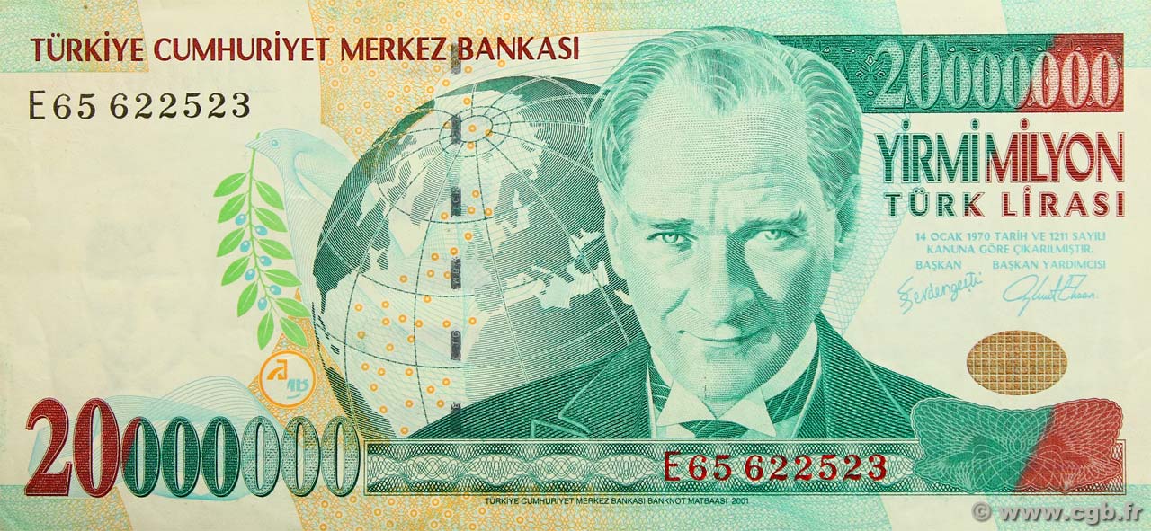 20000000 Lira TURKEY  2001 P.215 VF