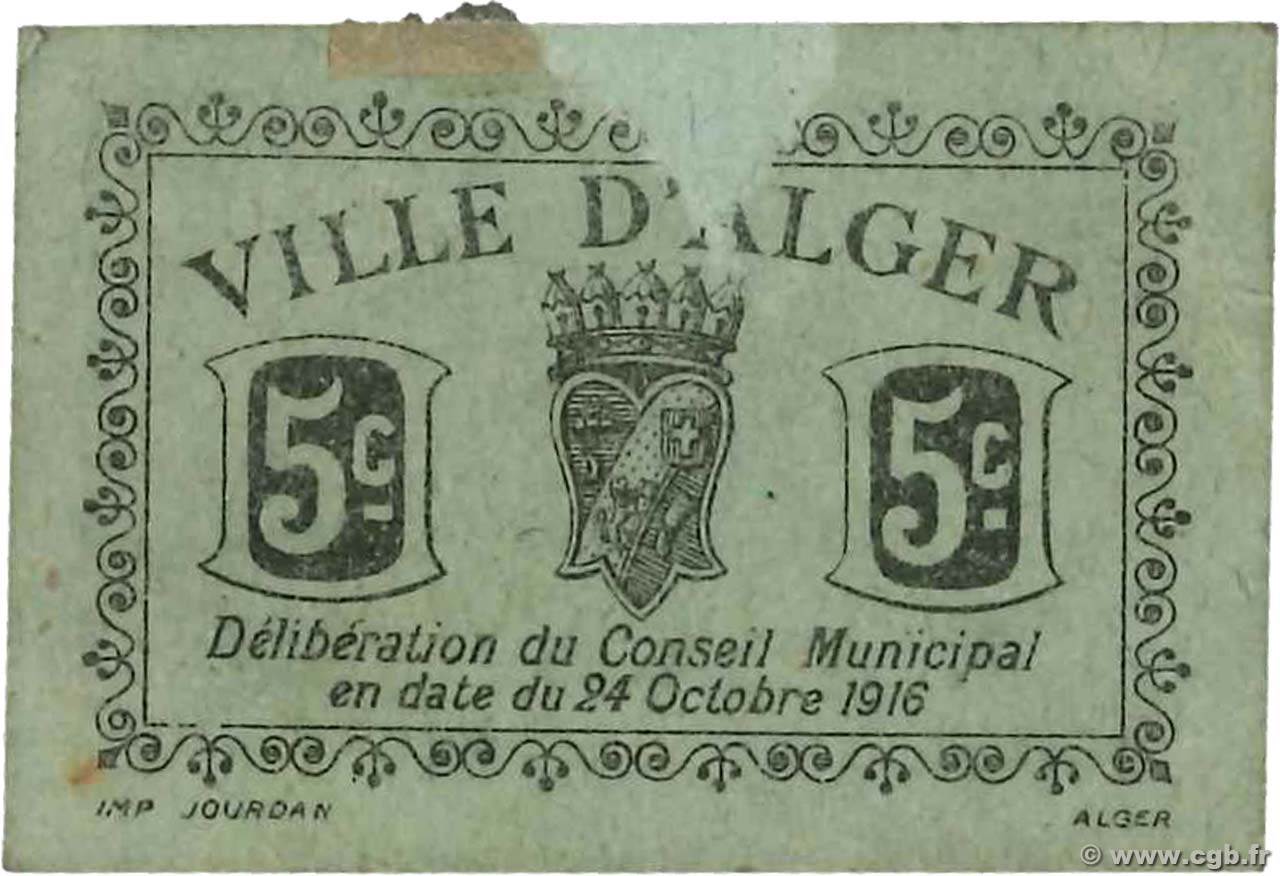 5 Centimes ALGÉRIE Alger 1916 JPCV.01 TTB
