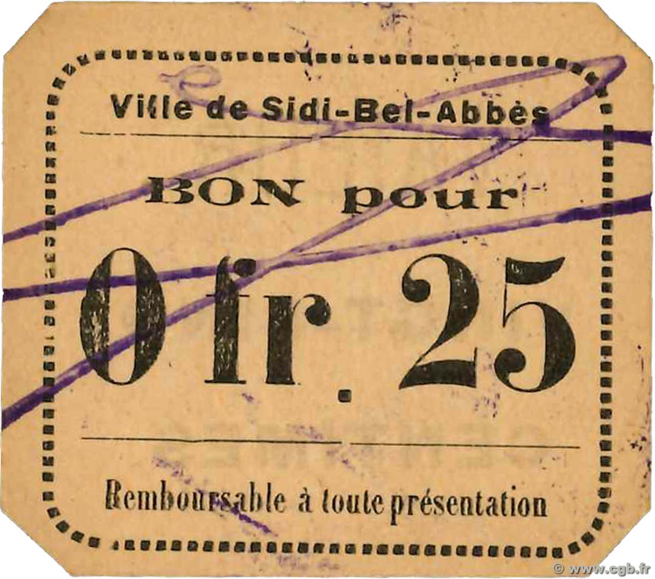 25 Centimes ALGÉRIE Sidi-Bel-Abbès 1916 JPCV.09 SUP