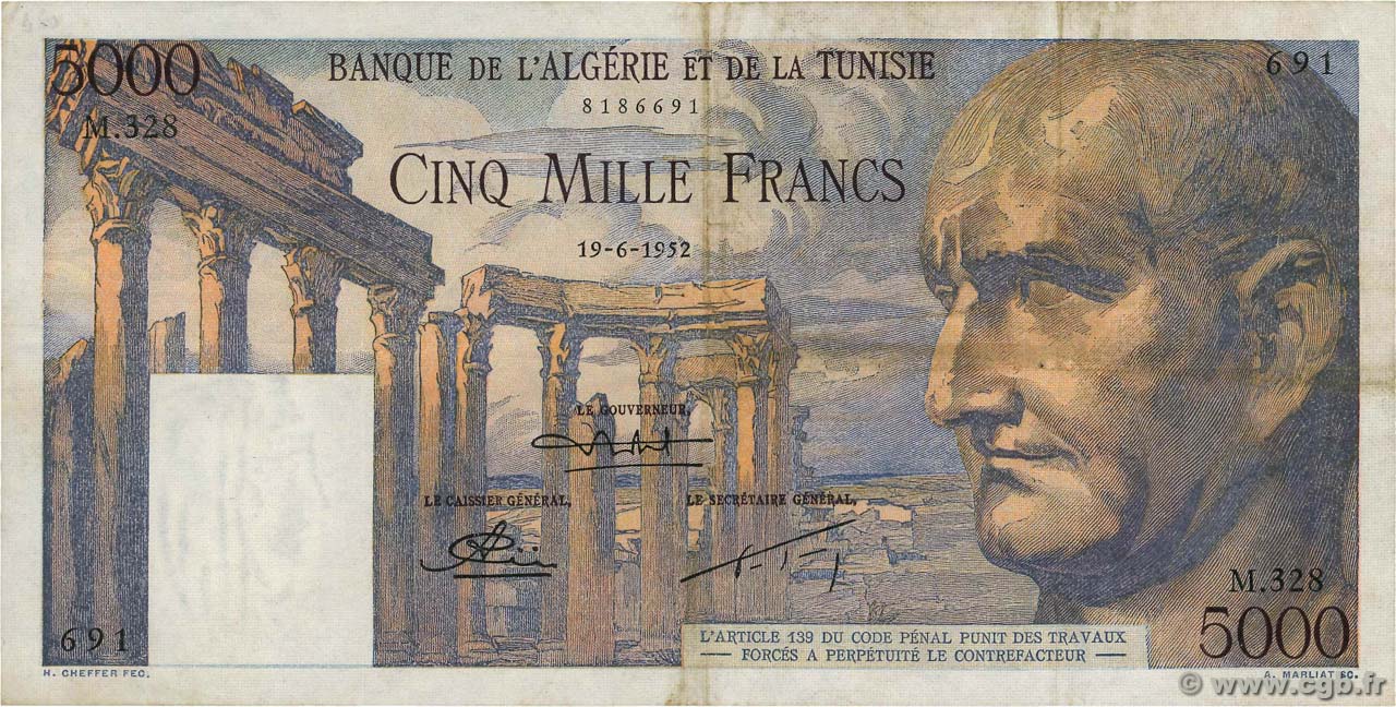 5000 Francs TUNISIE  1952 P.30 TTB