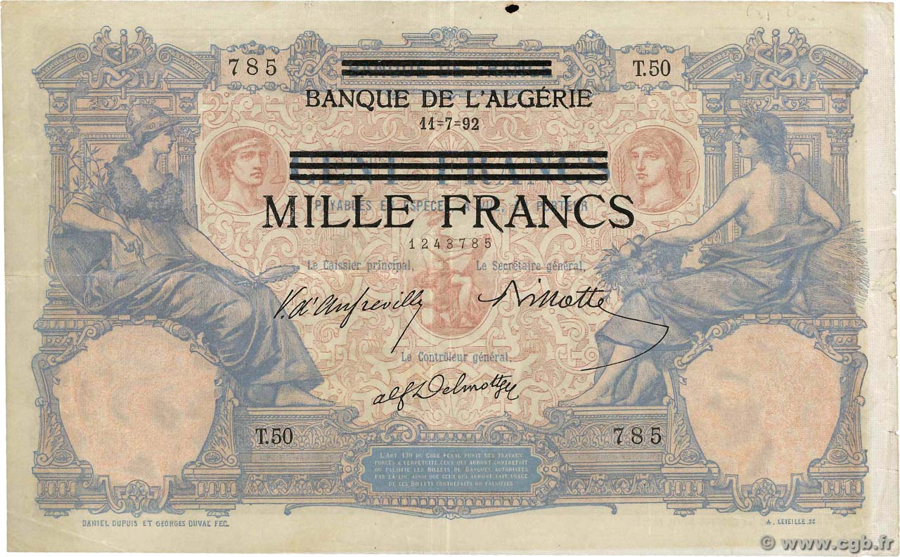 1000 Francs sur 100 Francs TUNISIE  1942 P.31 TTB