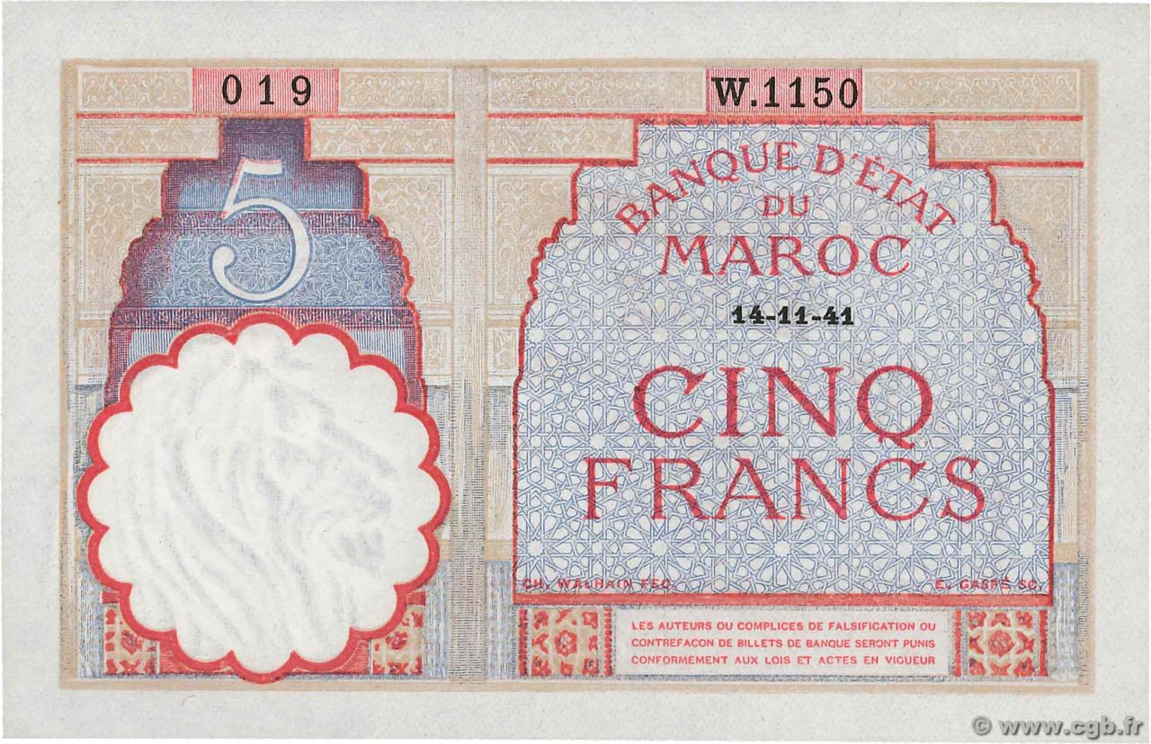 5 Francs MAROC  1941 P.23Ab SPL+