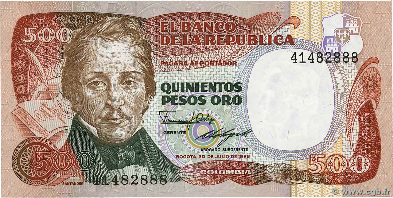 500 Pesos Oro COLOMBIE  1986 P.423c NEUF