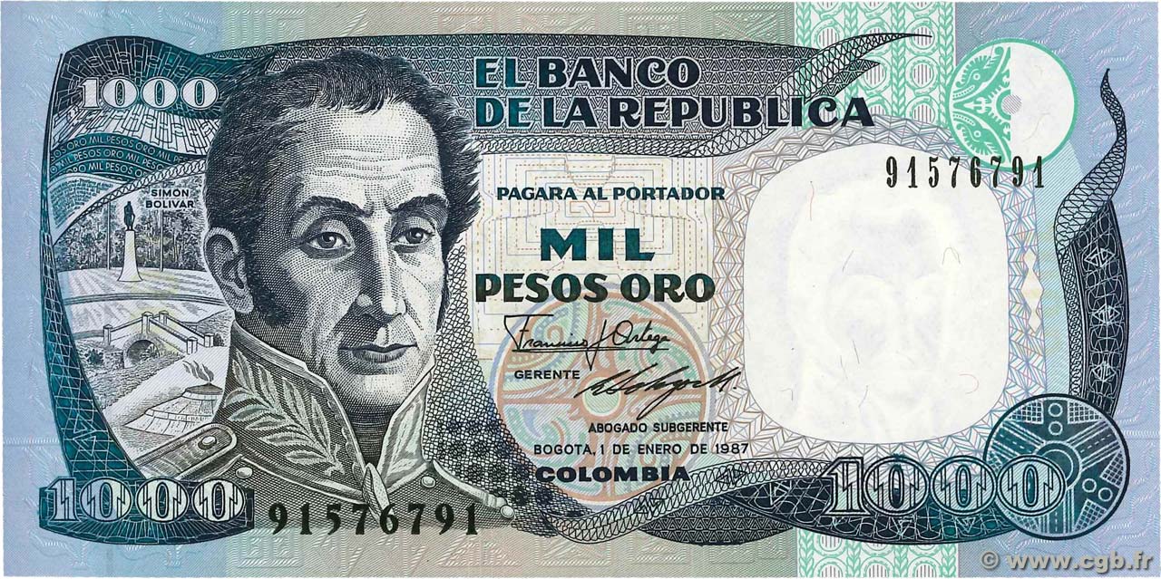 1000 Pesos Oro COLOMBIE  1987 P.432 pr.NEUF
