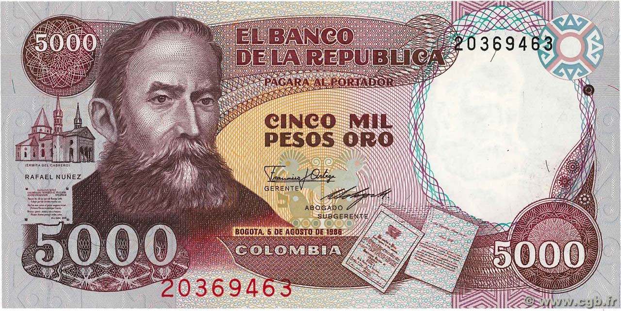 5000 Pesos Oro COLOMBIE  1986 P.434a NEUF