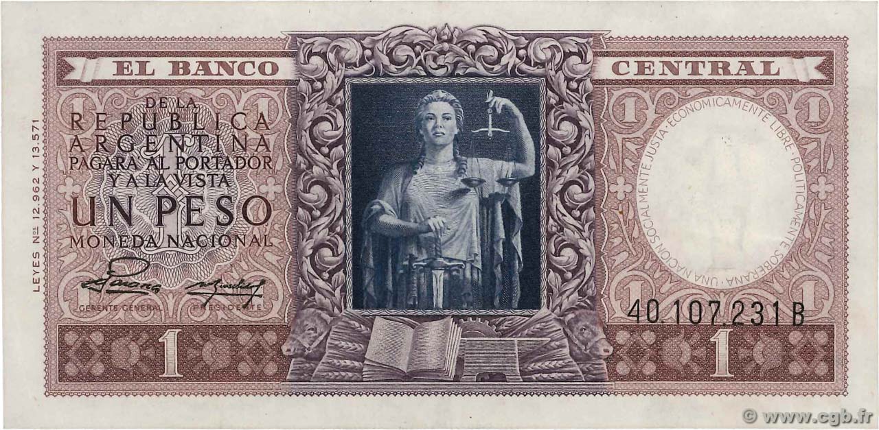 1 Peso ARGENTINA  1952 P.260b EBC