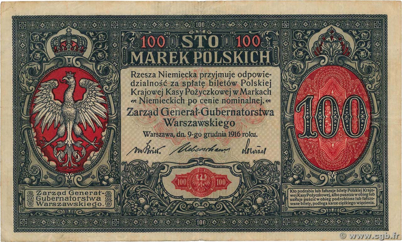 100 Marek POLOGNE  1916 P.015 TTB