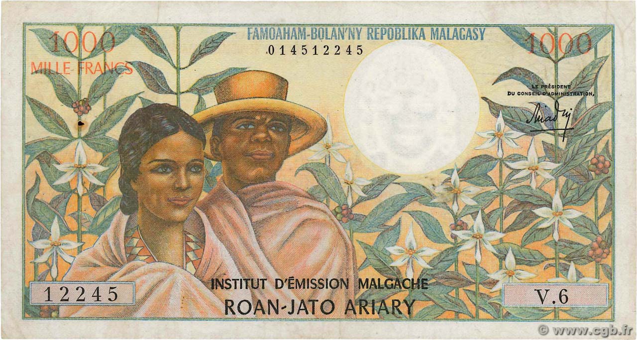 1000 Francs - 200 Ariary MADAGASCAR  1966 P.059a VF