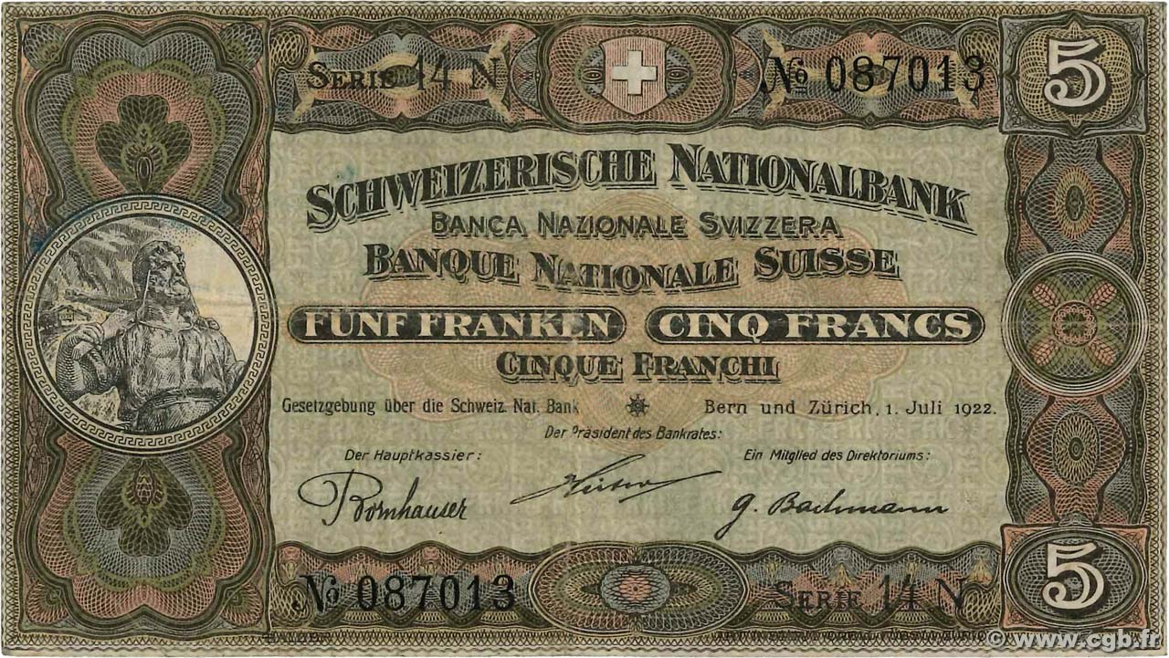 5 Francs SUISSE  1922 P.11f TB
