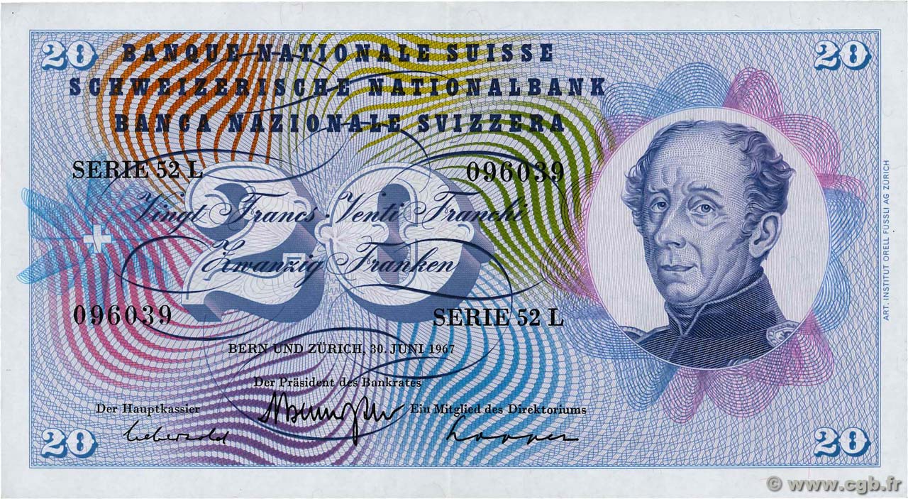20 Francs SUISSE  1967 P.46o SUP