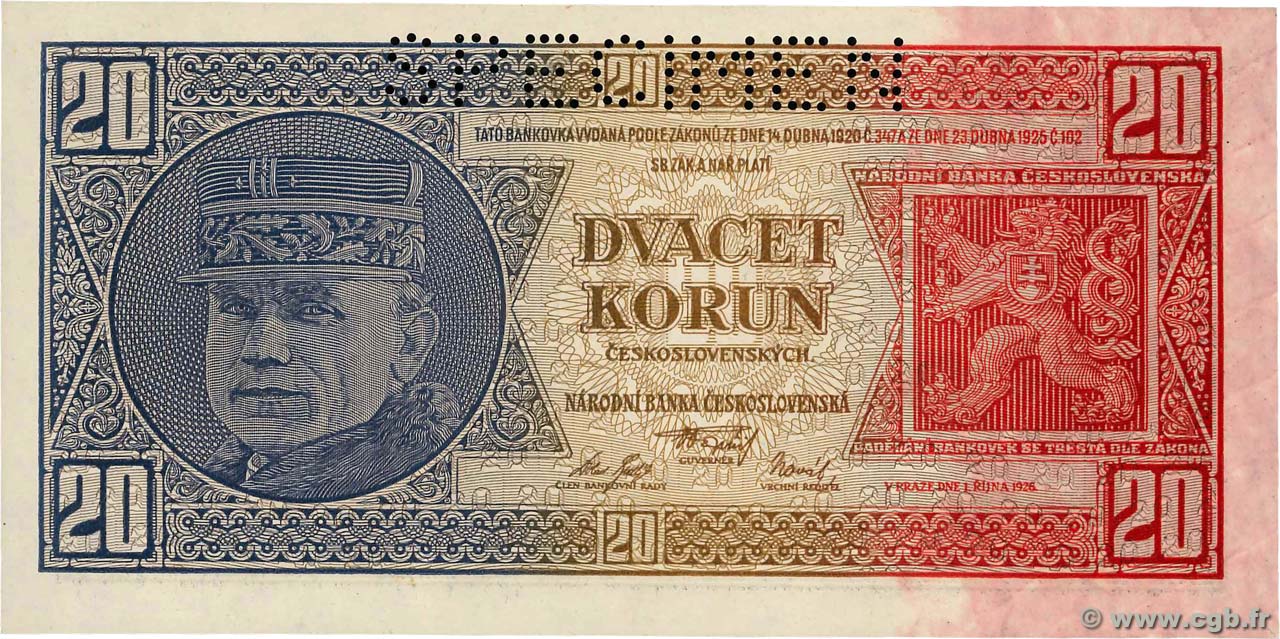 20 Korun Spécimen CZECHOSLOVAKIA  1926 P.021s UNC