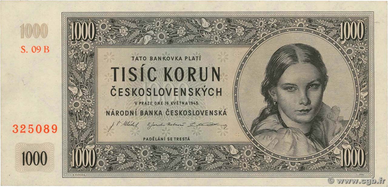1000 Korun CZECHOSLOVAKIA  1945 P.074b UNC-