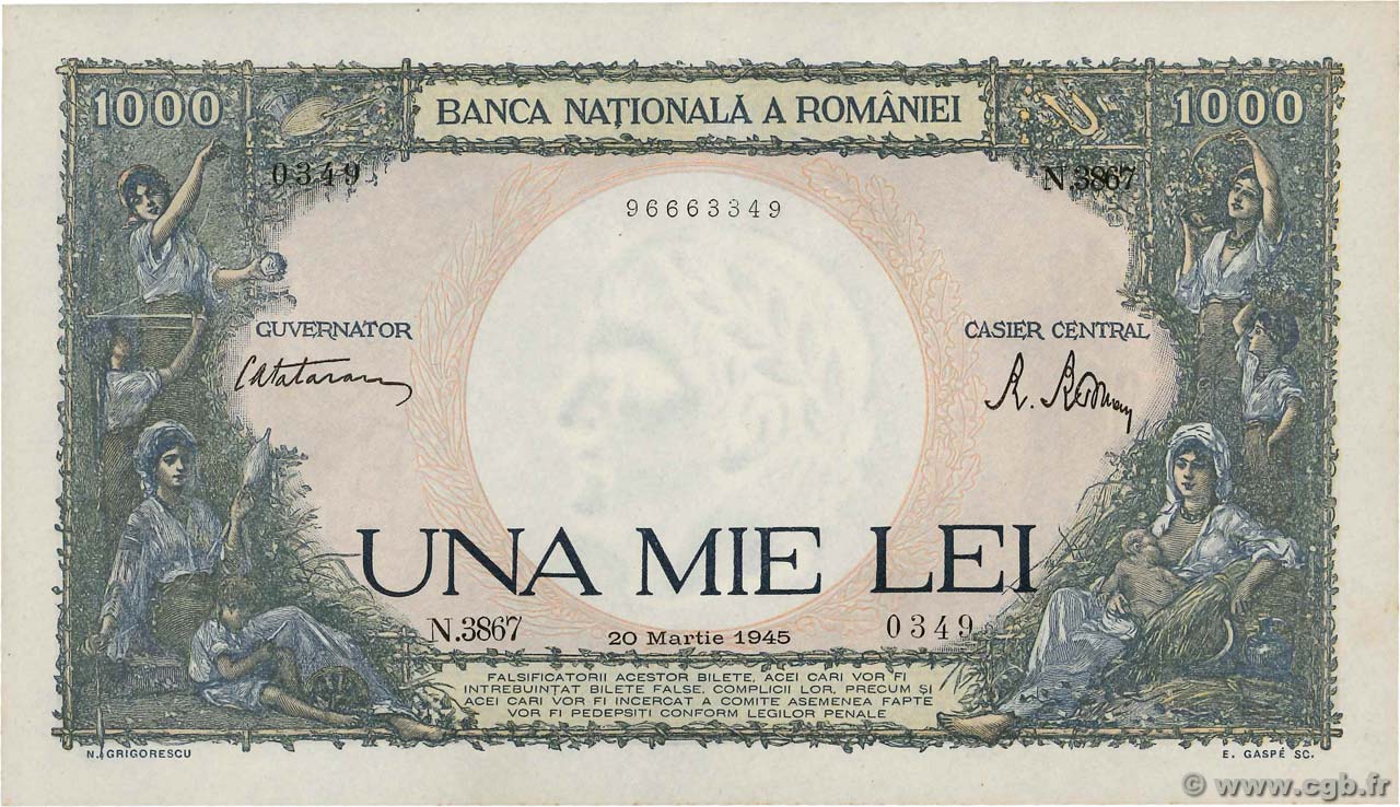 1000 Lei ROMANIA  1945 P.052a UNC