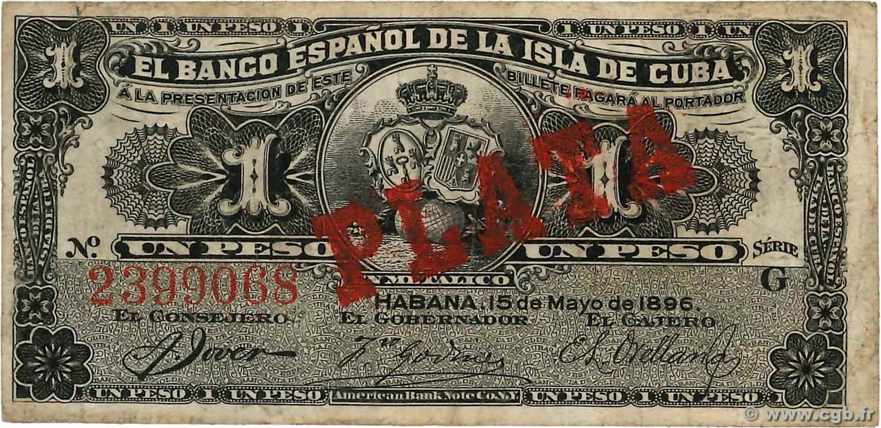 1 Peso CUBA  1896 P.047b BB